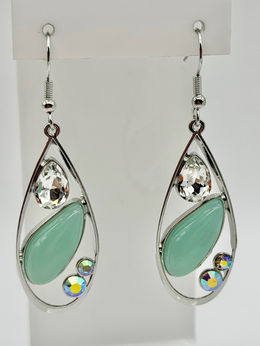Mint Teardrop Dangle Earrings - Silver Tone